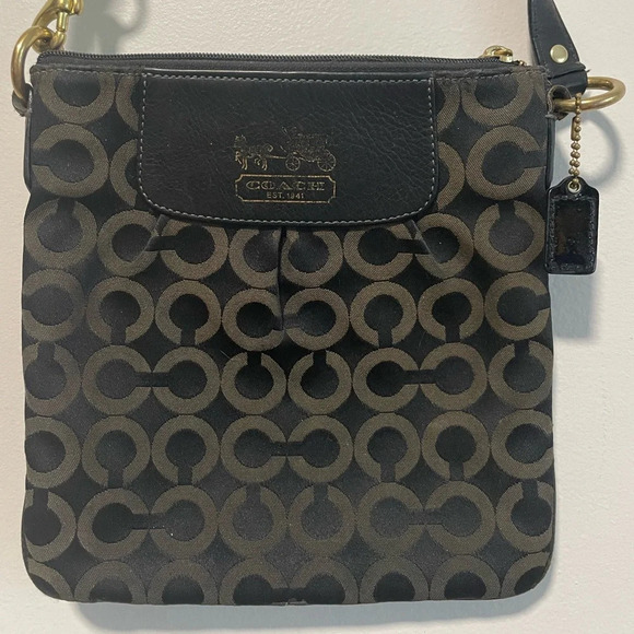 Coach Signature Black and Brown Jacquard Fabric  Crossbody Bag with Leather Trim - Picture 1 of 14